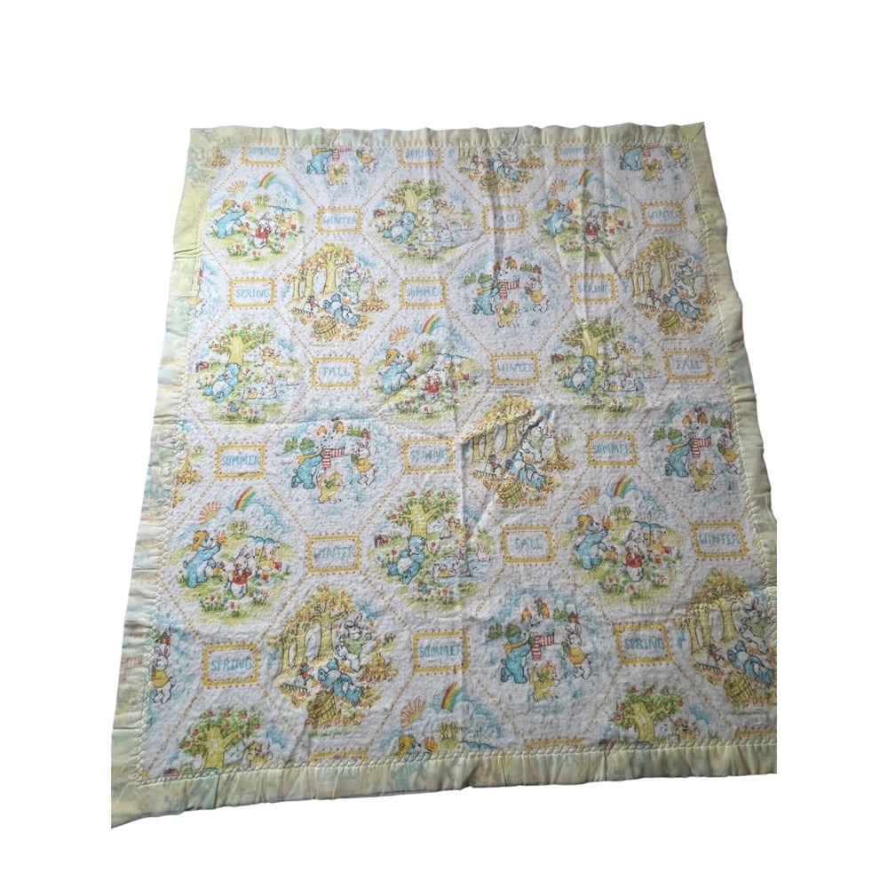 Vtg Baby Blanket Seasons Blue Bunny Bears Quilted Yellow satin trim 80s Dundee